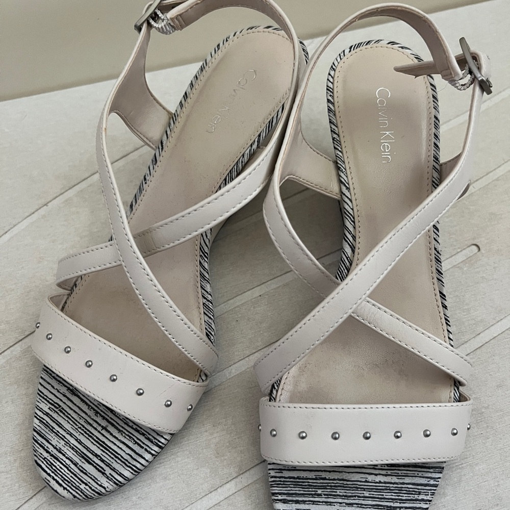 Calvin Klein Cream Strappy Wedge Sandals with Buckle